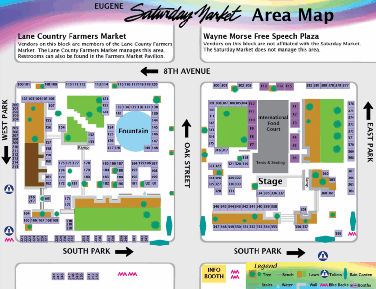 Saturday Market map showing vendor locations and amenities