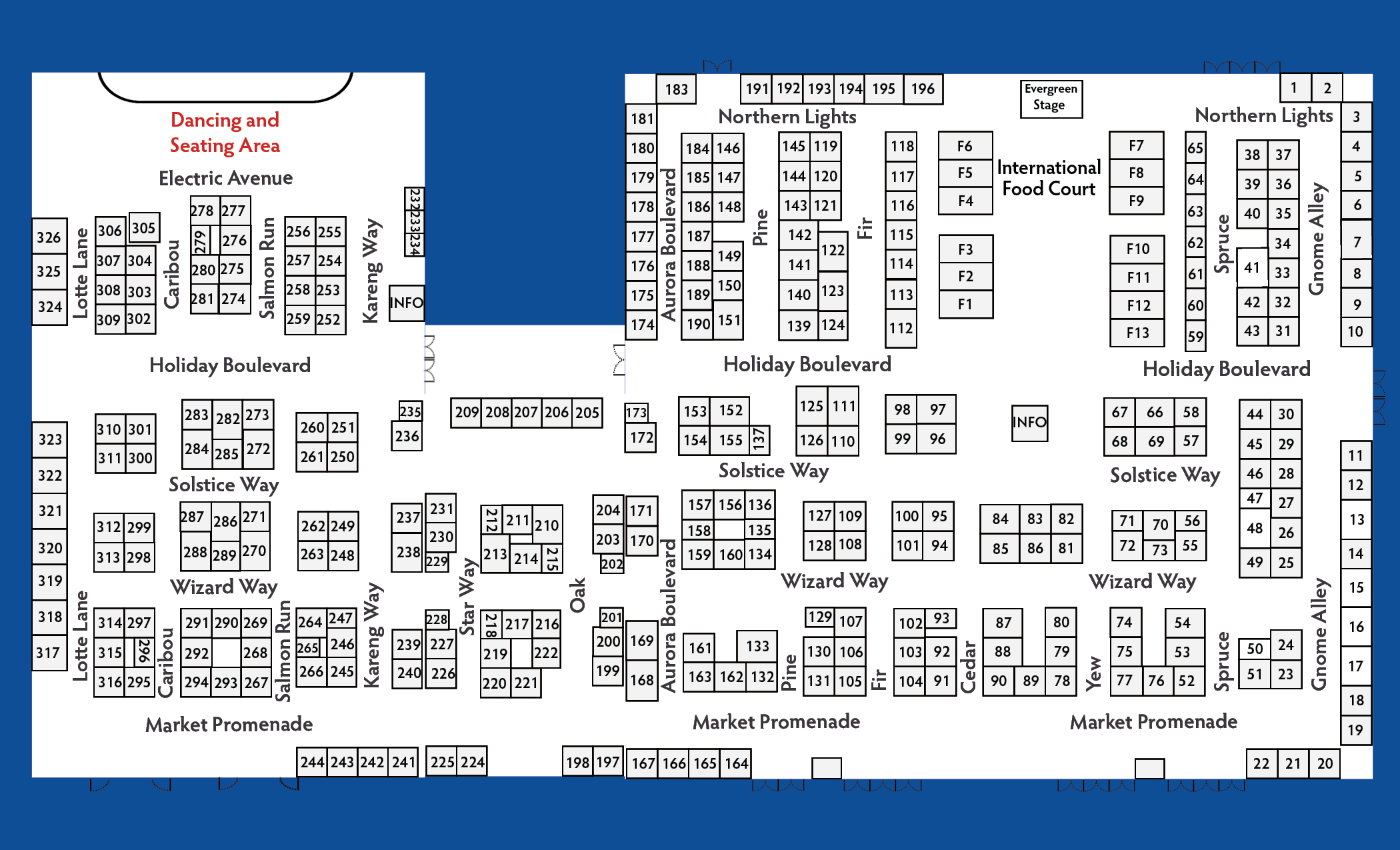 Holiday Market map showing Holiday Hall, Evergreen Hall, food court, stages and booth numbers